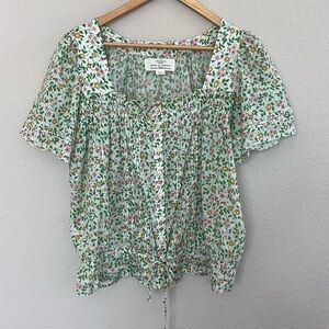 Trovata Lorita Green Floral Short Sleeve Square Neck Peasant Blouse, S
